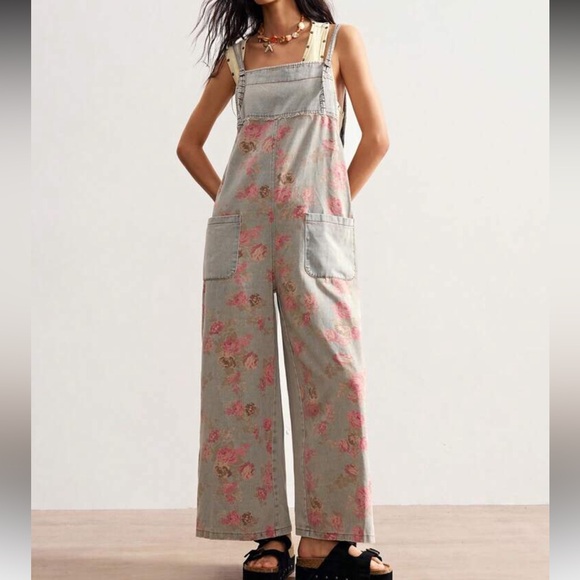 Floral denim jumpsuit blue Wash overalls pockets flowers - Picture 6 of 6